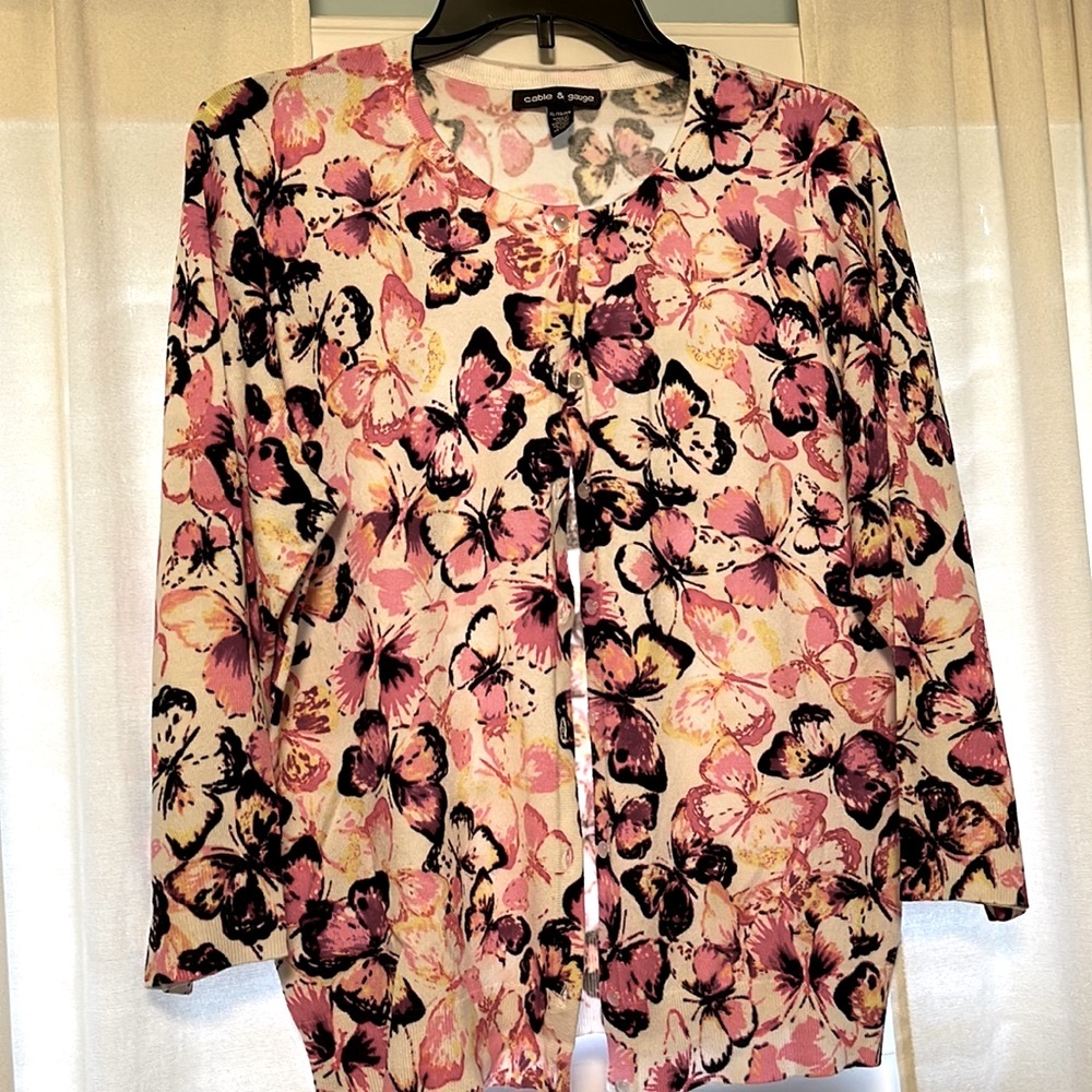 Butterfly cardigan sweater- cable & gauge, XL, pinks,black,white, light yellow